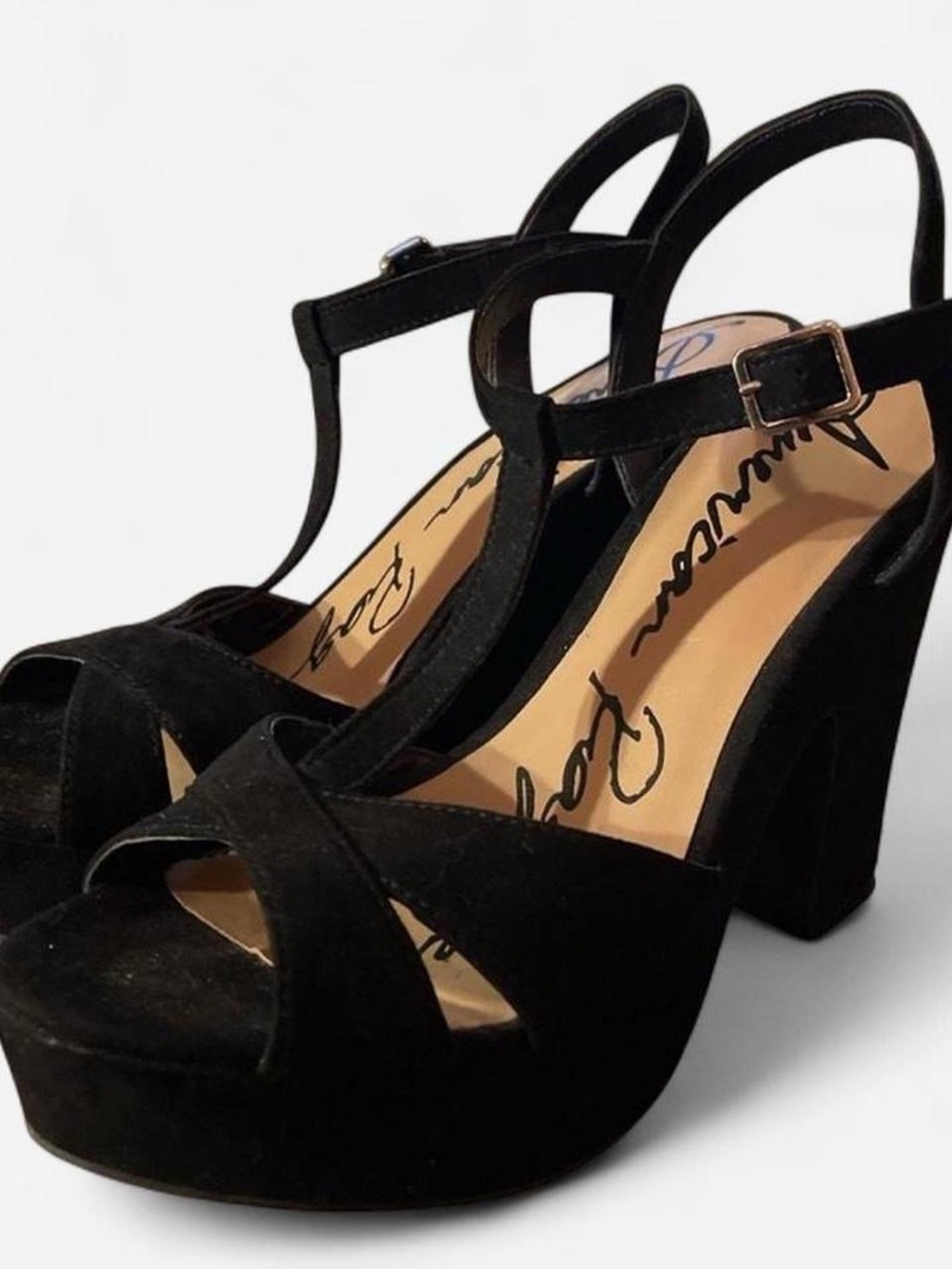Platform T-Strap Suede Block Heel Sandals - Black